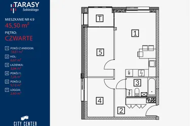 Rzut - Mieszkanie na sprzedaż 3 pokoje o powierzchni 45,5 m² - numer B2.M.4.9 w Tarasy Sobieskiego