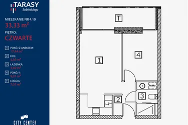 Rzut - Mieszkanie na sprzedaż 2 pokoje o powierzchni 33,33 m² - numer B2.M.4.10 w Tarasy Sobieskiego