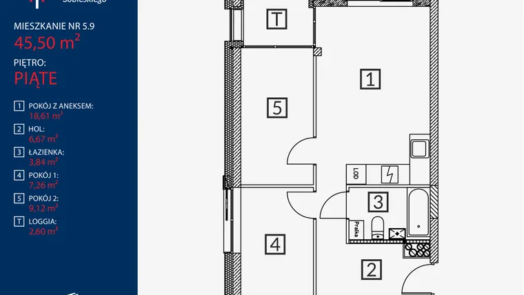 Rzut - Mieszkanie na sprzedaż 3 pokoje o powierzchni 45,5 m² - numer B2.M.5.9 w Tarasy Sobieskiego