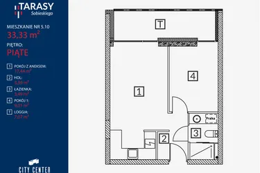 Rzut - Mieszkanie na sprzedaż 2 pokoje o powierzchni 33,33 m² - numer B2.M.5.10 w Tarasy Sobieskiego