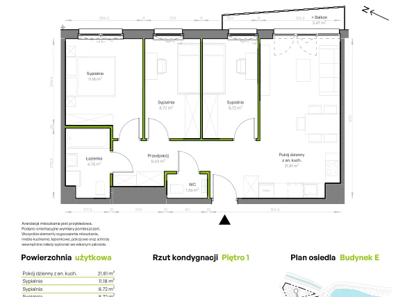 Rzut - Mieszkanie na sprzedaż 4 pokoje o powierzchni 65,17 m² - numer E/015 w Szmaragdowy Park