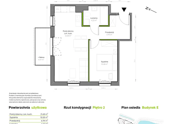Rzut - Mieszkanie na sprzedaż 2 pokoje o powierzchni 43,42 m² - numer E/022 w Szmaragdowy Park