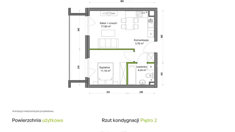Rzut - Mieszkanie na sprzedaż 2 pokoje o powierzchni 37,26 m² - numer C1/A/08 w Orawska Vita
