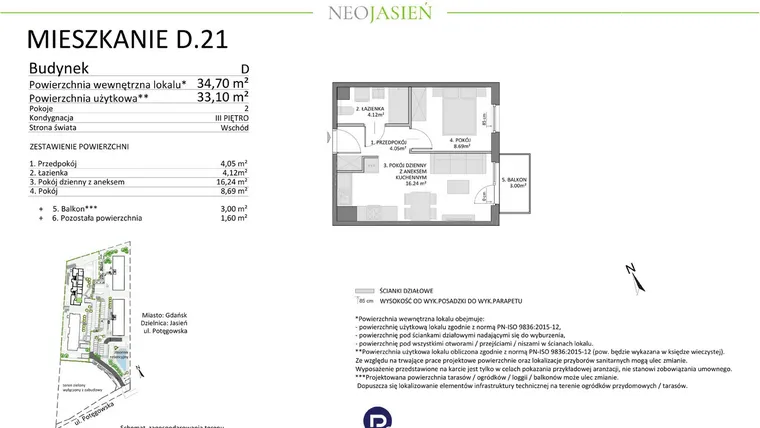 Rzut - Mieszkanie na sprzedaż 2 pokoje o powierzchni 33,1 m² - numer D21 w Neo Jasień etap II