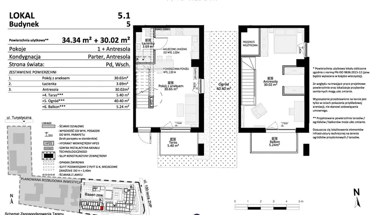 Rzut - Mieszkanie na sprzedaż 2 pokoje o powierzchni 64,36 m² - numer 5.01 w Pino Resort