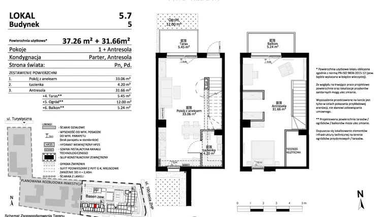 Rzut - Mieszkanie na sprzedaż 2 pokoje o powierzchni 68,92 m² - numer 5.07 w Pino Resort