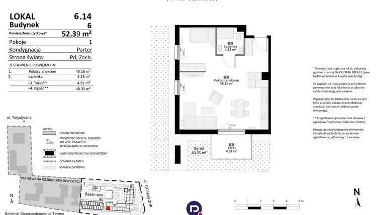 Rzut - Mieszkanie na sprzedaż 2 pokoje o powierzchni 52,39 m² - numer 6.14 w Pino Resort