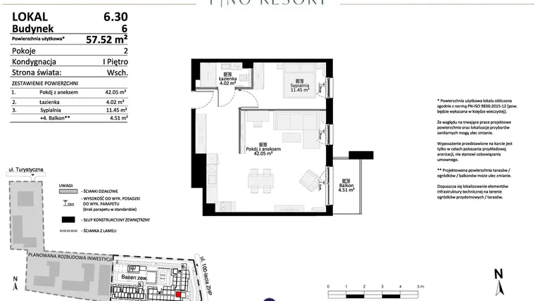 Rzut - Mieszkanie na sprzedaż 2 pokoje o powierzchni 57,52 m² - numer 6.30 w Pino Resort