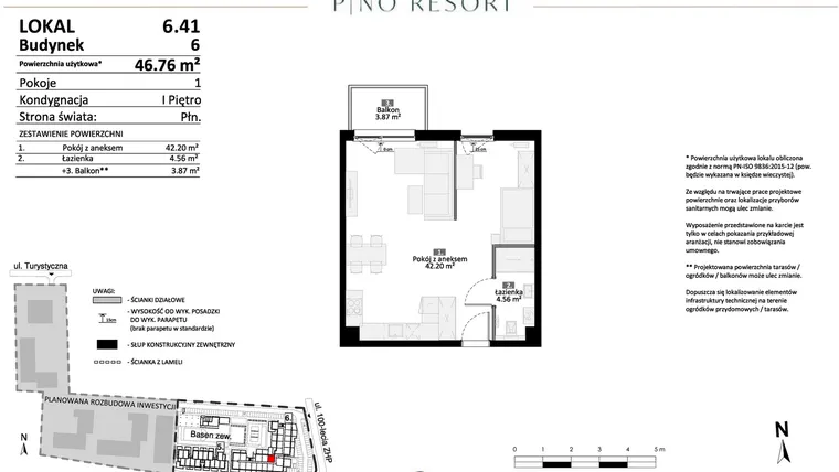 Rzut - Mieszkanie na sprzedaż 2 pokoje o powierzchni 46,76 m² - numer 6.41 w Pino Resort