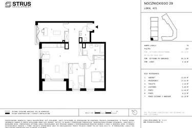 Rzut - Mieszkanie na sprzedaż 3 pokoje o powierzchni 83,11 m² - numer A15.P3 w Nocznickiego 29 bud. A
