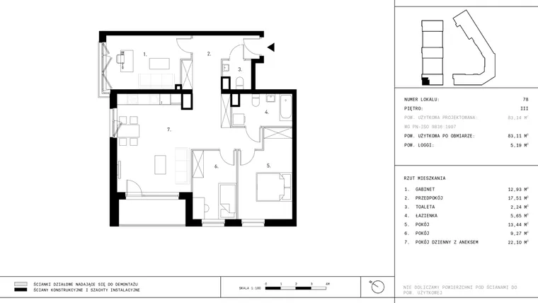 Rzut - Mieszkanie na sprzedaż 3 pokoje o powierzchni 83,11 m² - numer A15.P3 w Nocznickiego 29 bud. A
