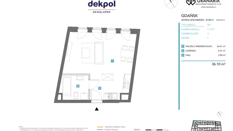 Rzut - Mieszkanie na sprzedaż 1 pokój o powierzchni 36,1 m² - numer 1.1.011 w Granaria