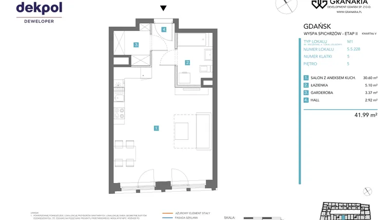Rzut - Mieszkanie na sprzedaż 1 pokój o powierzchni 41,99 m² - numer 5.5.228 w Granaria