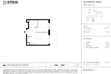 Rzut - Mieszkanie na sprzedaż 2 pokoje o powierzchni 35,07 m² - numer 96 w 28 czerwca 1956 r.