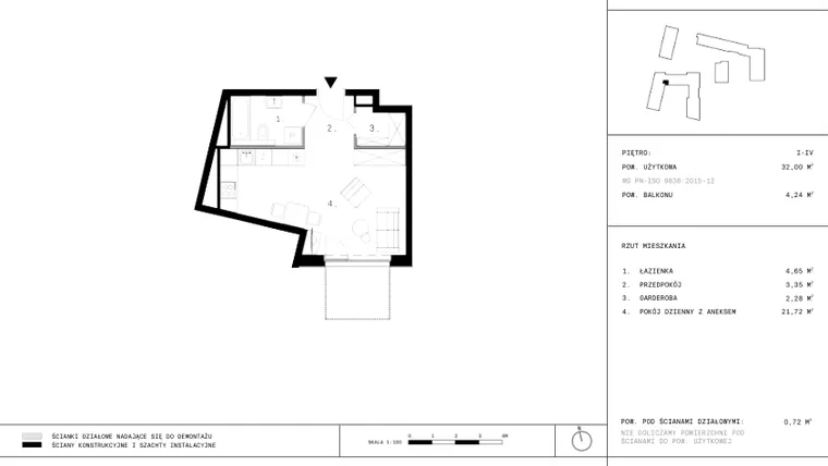 Rzut - Mieszkanie na sprzedaż 1 pokój o powierzchni 32 m² - numer C22.2 w 28 czerwca 1956 r.