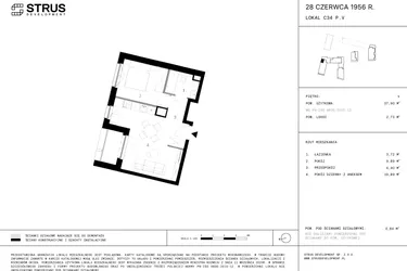 Rzut - Mieszkanie na sprzedaż 2 pokoje o powierzchni 37,72 m² - numer 208 w 28 czerwca 1956 r.