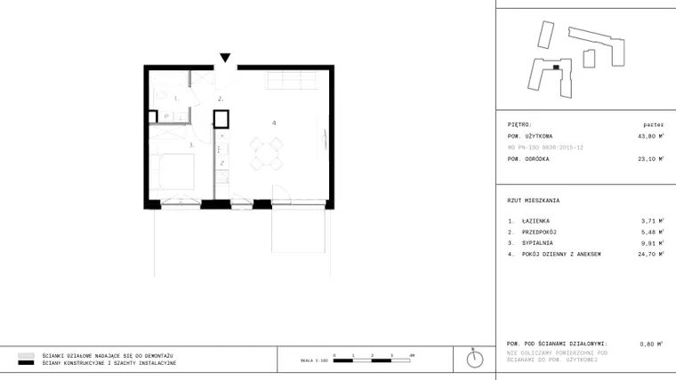 Rzut - Mieszkanie na sprzedaż 2 pokoje o powierzchni 43,6 m² - numer 126 w 28 czerwca 1956 r.
