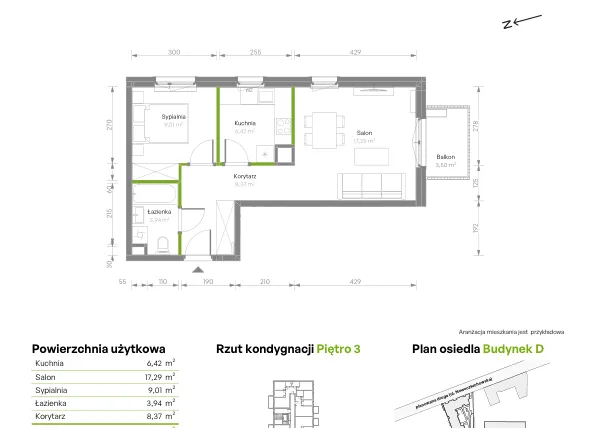 Rzut - Mieszkanie na sprzedaż 2 pokoje o powierzchni 45,03 m² - numer D/035 w Bemosphere