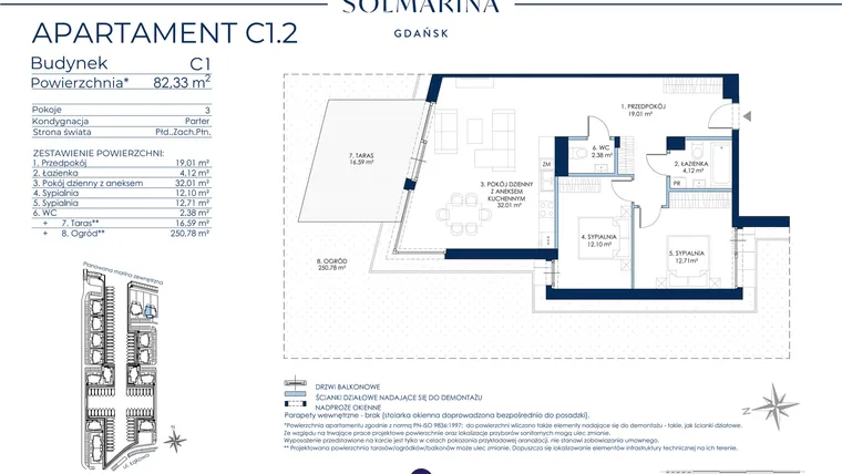 Rzut - Mieszkanie na sprzedaż 3 pokoje o powierzchni 82,33 m² - numer C1.2 w Sol Marina etap III