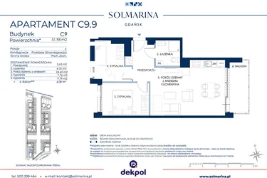 Rzut - Mieszkanie na sprzedaż 3 pokoje o powierzchni 51,98 m² - numer C9.9 w Sol Marina etap III