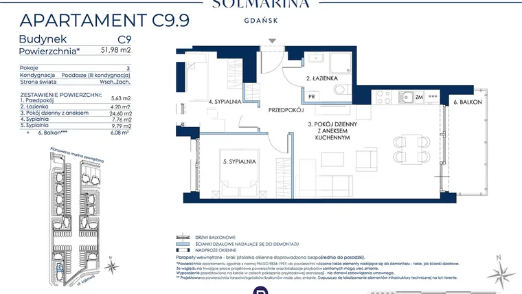 Rzut - Mieszkanie na sprzedaż 3 pokoje o powierzchni 51,98 m² - numer C9.9 w Sol Marina etap III
