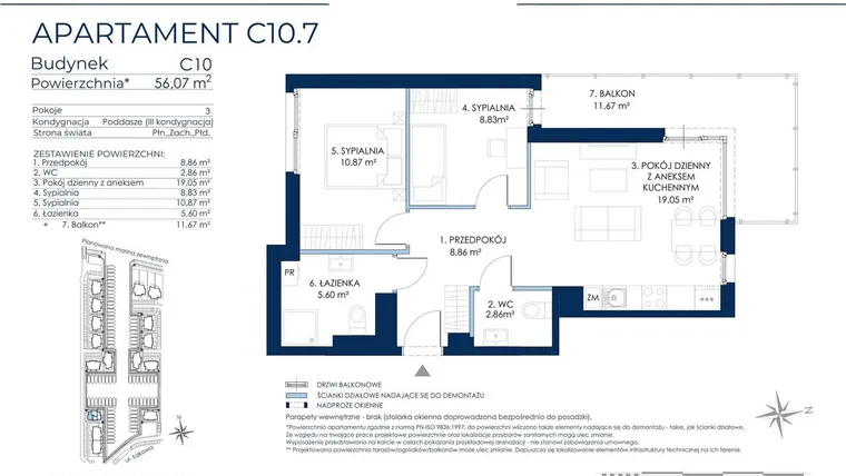 Rzut - Mieszkanie na sprzedaż 3 pokoje o powierzchni 55,4 m² - numer C10.7 w Sol Marina etap III
