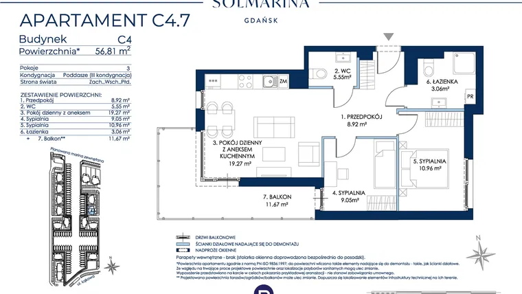 Rzut - Mieszkanie na sprzedaż 3 pokoje o powierzchni 56,81 m² - numer C4.7 w Sol Marina etap III