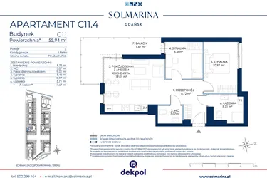 Rzut - Mieszkanie na sprzedaż 3 pokoje o powierzchni 55,94 m² - numer C11.4 w Sol Marina etap III