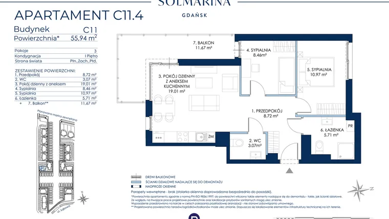 Rzut - Mieszkanie na sprzedaż 3 pokoje o powierzchni 55,94 m² - numer C11.4 w Sol Marina etap III