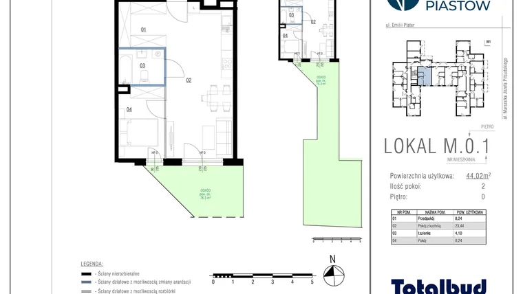 Rzut - Mieszkanie na sprzedaż 2 pokoje o powierzchni 44,02 m² - numer M.0.1 w Viva Piastów