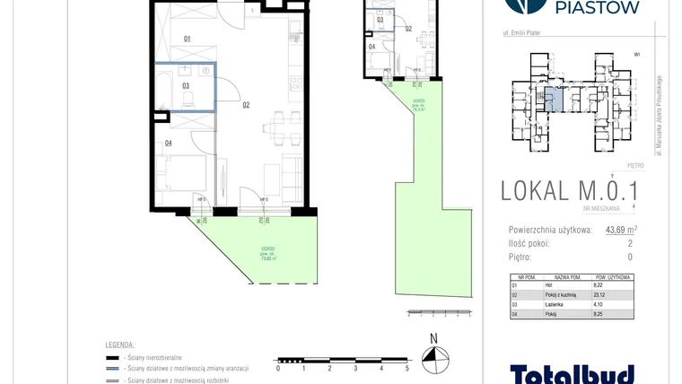 Rzut - Mieszkanie na sprzedaż 2 pokoje o powierzchni 43,69 m² - numer M.0.1 w Viva Piastów