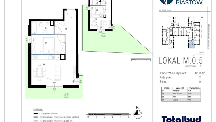 Rzut - Mieszkanie na sprzedaż 2 pokoje o powierzchni 42,85 m² - numer M.0.5 w Viva Piastów