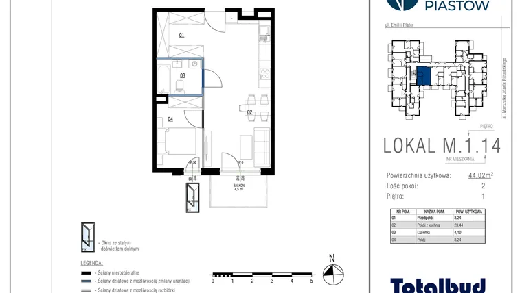 Rzut - Mieszkanie na sprzedaż 2 pokoje o powierzchni 44,02 m² - numer M.1.14 w Viva Piastów