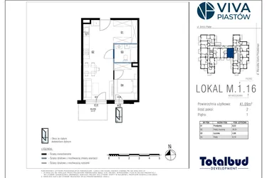 Rzut - Mieszkanie na sprzedaż 2 pokoje o powierzchni 41,09 m² - numer M.1.16 w Viva Piastów