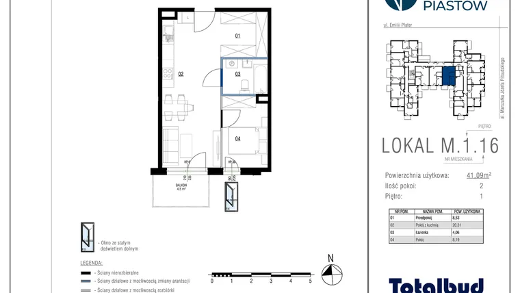 Rzut - Mieszkanie na sprzedaż 2 pokoje o powierzchni 41,09 m² - numer M.1.16 w Viva Piastów