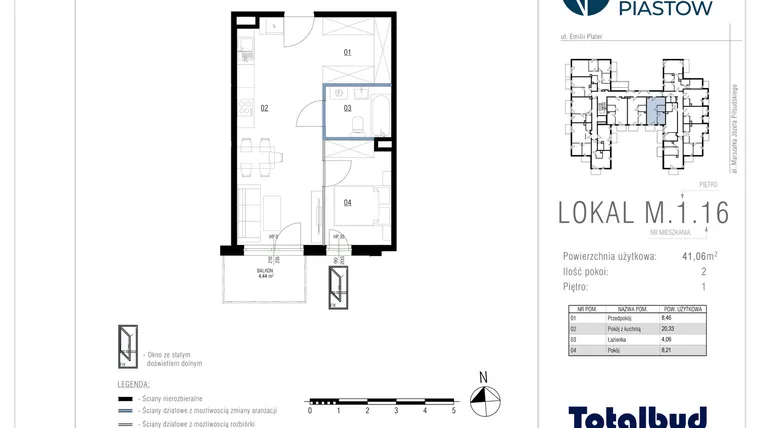 Rzut - Mieszkanie na sprzedaż 2 pokoje o powierzchni 41,06 m² - numer M.1.16 w Viva Piastów