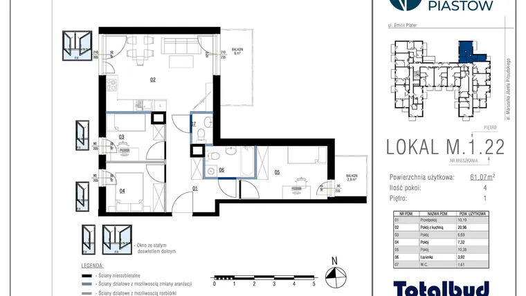 Rzut - Mieszkanie na sprzedaż 4 pokoje o powierzchni 61,07 m² - numer M.1.22 w Viva Piastów