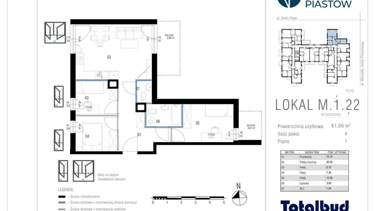 Rzut - Mieszkanie na sprzedaż 4 pokoje o powierzchni 61,06 m² - numer M.1.22 w Viva Piastów