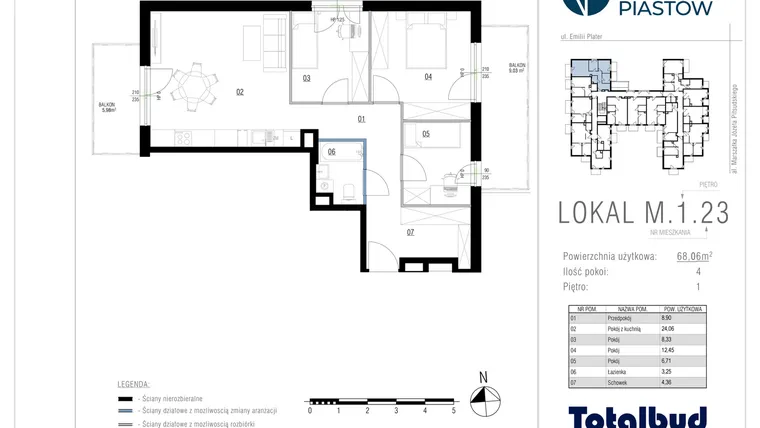 Rzut - Mieszkanie na sprzedaż 4 pokoje o powierzchni 68,06 m² - numer M.1.23 w Viva Piastów