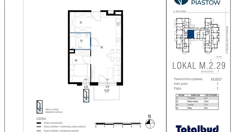Rzut - Mieszkanie na sprzedaż 2 pokoje o powierzchni 44,02 m² - numer M.2.29 w Viva Piastów