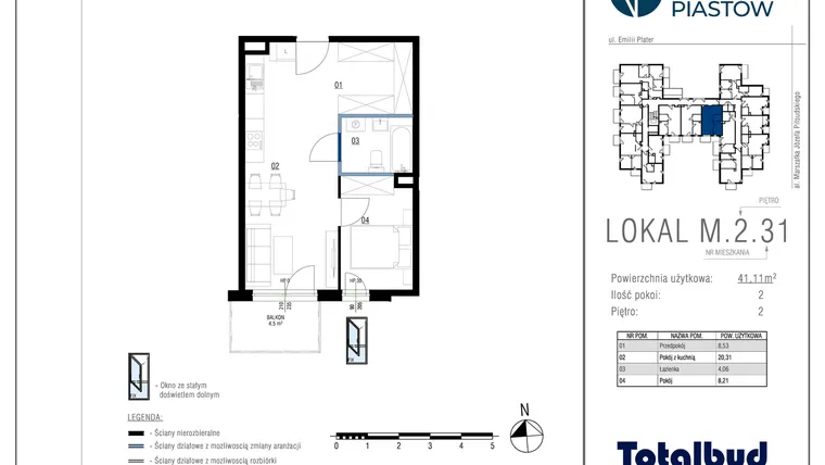 Rzut - Mieszkanie na sprzedaż 2 pokoje o powierzchni 41,11 m² - numer M.2.31 w Viva Piastów