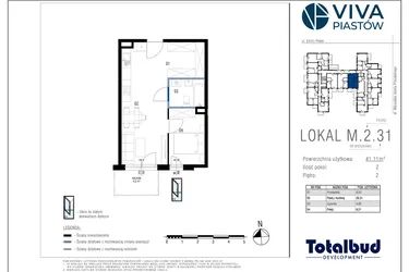 Rzut - Mieszkanie na sprzedaż 2 pokoje o powierzchni 41,11 m² - numer M.2.31 w Viva Piastów