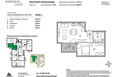 Rzut - Mieszkanie na sprzedaż 2 pokoje o powierzchni 43,89 m² - numer A.43 w Parkove Love