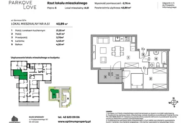 Rzut - Mieszkanie na sprzedaż 2 pokoje o powierzchni 43,89 m² - numer A.51 w Parkove Love