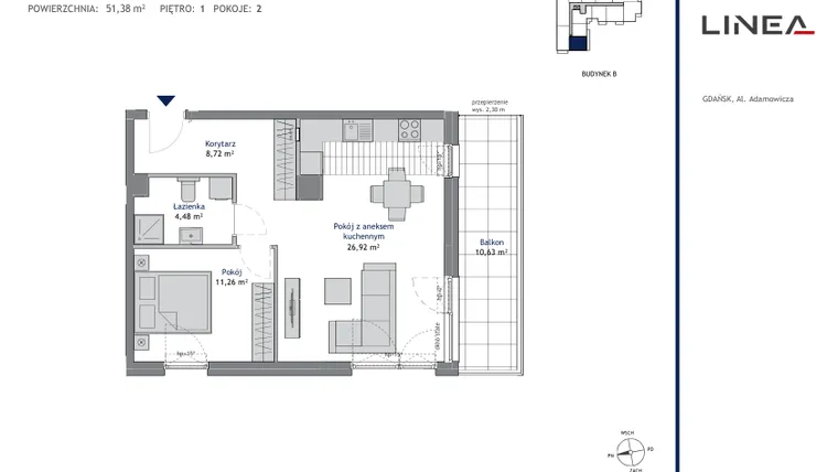 Rzut - Mieszkanie na sprzedaż 2 pokoje o powierzchni 51,26 m² - numer B.1.12 w Linea