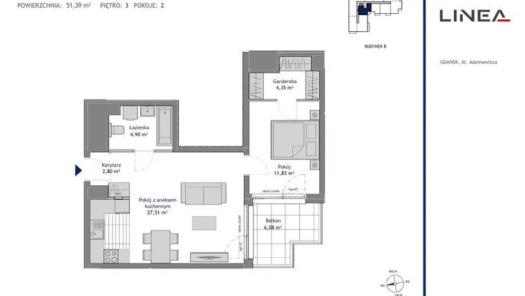 Rzut - Mieszkanie na sprzedaż 2 pokoje o powierzchni 51,16 m² - numer B.3.10 w Linea