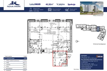 Rzut - Mieszkanie na sprzedaż 3 pokoje o powierzchni 45,93 m² - numer 68B w Nova Park etap II