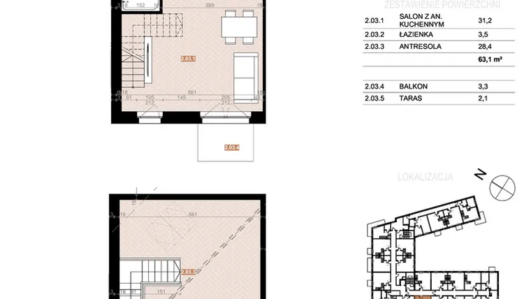 Rzut - Mieszkanie na sprzedaż 2 pokoje o powierzchni 63,1 m² - numer 203 w Szczecińska 20
