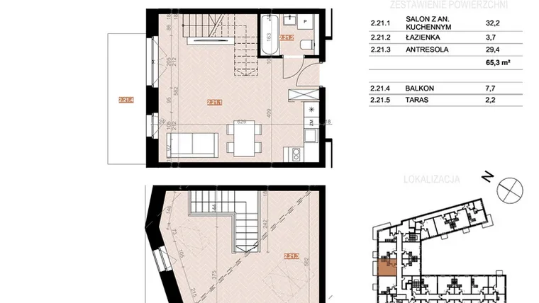 Rzut - Mieszkanie na sprzedaż 2 pokoje o powierzchni 65,3 m² - numer 221 w Szczecińska 20