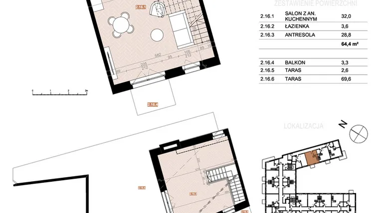 Rzut - Mieszkanie na sprzedaż 2 pokoje o powierzchni 64,4 m² - numer 216 w Szczecińska 20